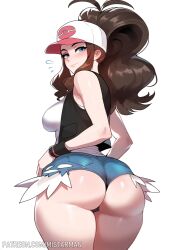 ai_generated ass blue_eyes booty_shorts breasts brown_hair fat_ass female from_behind hat hilda_(pokemon) light-skinned_female looking_at_viewer mistarman nintendo pokemon pokemon_bw ponytail tank_top vest