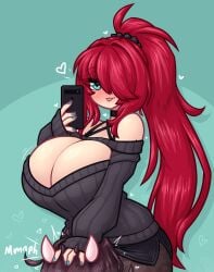 1futa 1girls big_breasts blowjob blue_eyes breasts brown_hair choker cleavage clothed clothing duo female forced_oral futa_on_female futanari heart-shaped_pupils horns human light-skinned_futanari light_skin limebreaker mostly_clothed muffled_moaning phone ponytail red_hair rose_(limebreaker) selfie sex standing sweater tongue_out ych ych_result