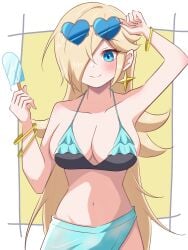 1girls bikini blonde_hair blue_eyes breasts cleavage earrings female food highres jewelry large_breasts long_hair mario_(series) navel nintendo pale_skin popsicle princess_rosalina rosalina simple_background solo sunglasses super_mario_galaxy swimsuit yass_8mk yassrosalina