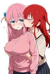 2girls ai_generated assertive_female best_friends blue_eyes blush bocchi_the_rock! breast_grab busty closed_eyes female female_only friends gotou_hitori groping groping_breasts groping_from_behind holding_breasts kissing kissing_cheek kita_ikuyo nai_diffusion pink_hair red_hair school_uniform stable_diffusion sweatdrop yuri