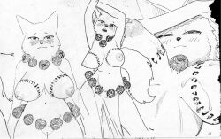 aged_down anthro areola bakki_(realius) big_breasts biped blush bodily_fluids breast_markings breasts canid canine female fox genitals hi_res inverted_nipples jewelry looking_at_viewer mammal markings necklace nipples pussy raised_arms realius solo sweat waist_accessory