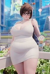 1girls 3d asian asian_female belly brown_eyes brown_hair chubby chubby_female city cleavage clothed covered_navel earrings fat female fugtrup fully_clothed glasses hair_bun hair_ornament hairpin large_breasts looking_at_viewer mei_(overwatch) minidress outside overwatch overwatch_2 pale_skin short_hair slightly_chubby solo tagme thick thick_thighs thighs