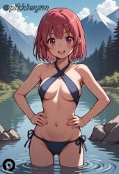 1girls ai_generated bangs bikini_bottom bikini_top blush blush blush_lines blushing_at_viewer breasts female female_only hands_on_hips kushieda_minori medium_breasts mountain normal_breasts pikkiwynn purple_eyes red_hair short_hair solo solo_female tagme toradora! water