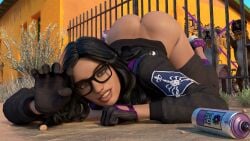 2animals artist_request ass black_hair canine clothing eyewear feral glasses hispanic human imminent_sex latina laying_on_stomach neenah_(saints_row) on_stomach outdoors pants_down r34jobber saints_row saints_row_(reboot) smiling smiling_at_viewer teasing thick thick_ass