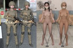 2girls 3d army_girl army_uniform before_and_after black_hair blonde_hair bound bound_wrists cloth_gag completely_nude completely_nude_female gag gagged getyourclothesoff nude nude_female original soldiers spoils_of_war