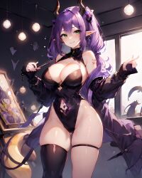 1girls ai_generated ari_chan background belt big_breasts black_horns blush demon demon_girl dress elf_ears female female_focus female_only green_eyes horns long_hair monster_girl necklace oc original original_character painter purple_dress purple_hair sfw solo sparkles stable_diffusion succubus succubus_horns succubus_tail tail thick_thighs thighs