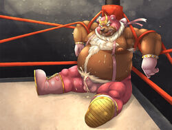 2019 anthro aotoaka belly bodily_fluids bottomwear brown_fur bulge clothing cum fur genital_fluids humanoid_hands male male_only mammal mask moobs nipples overweight overweight_male pants penis sitting solo sweat ursid wrestling