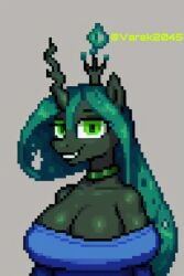 ai_generated black_skin chrysalis female green_eyes green_hair horn my_little_pony pixel pixel_art pony varek_daemonium_(artist)