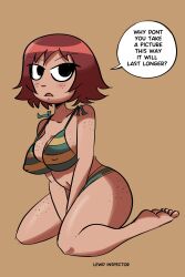 1girls bikini black_eyes brown_hair female freckles freckles_on_ass freckles_on_breasts freckles_on_face freckles_on_neck freckles_on_shoulders freckles_on_thighs kim_pine kneeling lewd_inspector nipple_bulge panties scott_pilgrim short_hair solo solo_female striped_bikini