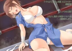 1girls big_breasts bra breasts brown_hair cleavage closed_eyes dai_fuku defeated dress knocked_out open_mouth panties request ryona short_hair sitting solo torn_clothes translation_request variable_geo wariza white_bra white_panties wrestling_ring yajima_satomi