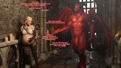 3d belly big_belly ciri demon dialogue female horns icarusillustrations male outie_navel penis pregnant red_skin text the_witcher_(series) white_hair wings