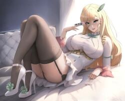 1girls alternate_costume artist_name blonde_hair bow busty darkness_(konosuba) feikyart follower_celebration garter_straps green_eyes high_heels huge_breasts kono_subarashii_sekai_ni_shukufuku_wo! laying_back laying_on_bed light-skinned_female light_skin long_hair milestone_celebration official_alternate_costume skirt_lift stockings thighhighs thighs watermark