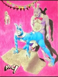 blue_body bonnie_(fnaf) duo five_nights_at_freddy's five_nights_at_freddy's_2 fur grey_body grey_fur hi_res lagomorph leporid male male/male mammal marthan_crowl_(artist) pink_background purple_body rabbit robot_anthro scottgames simple_background slightly_chubby slightly_chubby_male toy_bonnie_(fnaf)