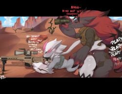 2boys anal anal_sex big_ass big_butt black_fur blush femboy feminine_male gay girly holding_waist male male/male pokémon_(species) pokemon pokemon_(species) sam_(zoroark) shiny_pokemon shooting_gun size_difference stomach_bulge vilf white_fur yaoi zeraora zoroark