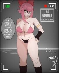 big_breasts black_stockings black_string_panties black_thong_panties brawl_stars camera_view embarrassed melodie_(brawl_stars) nipple_bulge pink_bra pink_hair red_ribbon revealing_outfit rogolderr short_hair tagme talking_to_another thick_thighs watermark white_skin