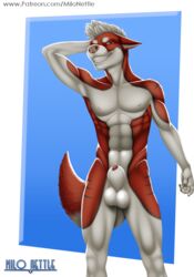 aaklin_(character) abs animal_genitalia animal_penis anthro balls blue_eyes canine canine_penis fur hair husky looking_at_viewer male male_focus male_only mammal milo_nettle muscular nipples nude original original_character patreon pecs penis presenting red_fur sheath signature smile solo teeth white_fur white_hair