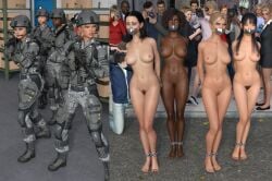 3d 6+boys 6+girls army_girl army_uniform before_and_after black_hair blonde_hair clothed_female_nude_female clothed_male_nude_female completely_nude completely_nude_female dark_skin dark_skinned_female gag gagged getyourclothesoff nude nude_female original tape_gag taped_mouth