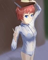 1female 1girls 5_fingers artlabafterdark blue_eyes breasts clothes clothing doki_doki_literature_club draw_this_in_your_style draw_this_in_your_style_(sayori_caught_in_rain) dtiys female girl sayori_(doki_doki_literature_club) shirt strawberry_blonde_hair wet wet_body wet_clothes wet_clothing wet_shirt white_shirt