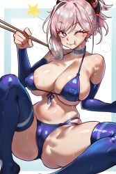 1girls bikini blue_eyes breasts cameltoe cleavage covered_nipples eating ebora fate/grand_order fate_(series) female large_breasts light-skinned_female light_skin long_hair miyamoto_musashi_(fate) nipple_bulge pink_hair sitting solo spread_legs thick_thighs thighhighs youngmanisdown