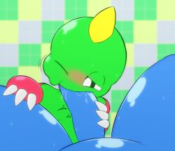 big_penis blush blush_lines bob_(bubble_bobble) bub_(bubble_bobble) bubble_bobble cheek_bulge dinosaur duo fellatio genitals k-10 male male/male oral oral_penetration penetration penile penis reptile scalie sex taito