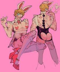 ass blonde_hair bunny_boy bunny_ears bunny_tail bunnysuit cigarette clown_makeup crossdressing donquixote_rosinante easter garter heart_pasties high_heels lipstick looking_at_viewer maid maid_uniform makeup male male_only male_playboy_bunny manly_crossdresser multiple_views muscular one_piece pasties pink_background scars smile smoking solo toxic_jpg waist_apron