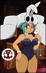 8ball9615 bowtie bunnysuit cameltoe cerebella dark-skinned_female green_hair green_lipstick hat one_piece_suit poker_cards purple_eyes skullgirls smiling voluptuous_female winking_at_viewer