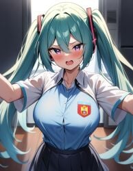 ai_generated aoshidan_school_uniform black_skirt blue_shirt front_view girls_und_panzer green_hair hatsune_miku highleg highleg_skirt human long_skirt navy_blue_skirt pink_eyes pleated_skirt purple_eyes short_sleeves skirt solo spain spanish_flag tetillas_(artist) turquoise_hair twintails upper_body vocaloid white_shirt wide_sleeves