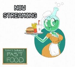 beaker beef cleavage fast_food fast_food_uniform french_fries glass_body hamburger lettuce meat millie_(tansau) png soda stream_announcement tansau tansau's_lab_stream tomato waitress