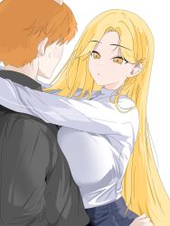 1boy 1girls blonde_hair blush breasts emotionless emotionless_female eyebrows_visible_through_hair gimmins7457844 huge_breasts hugging indifferent light-skinned_female light-skinned_male light_skin looking_at_partner luxeed orange_hair sweatdrop sweater virtual_youtuber vrecord wholesome yellow_eyes