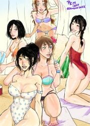 aerith_gainsborough ass_visible_through_thighs bathing_suit beach beach_towel big_ass big_breasts big_butt bikini bikini_bottom bikini_top black_hair blush braid braided_hair brown_eyes brown_hair cleavage curly_hair demonnsnek final_fantasy final_fantasy_ix final_fantasy_vii final_fantasy_vii_remake final_fantasy_viii final_fantasy_x final_fantasy_x-2 full_color garnet_til_alexandros_xvii green_eyes legs multiple_girls oiled_skin one-piece_swimsuit pale-skinned_female pale_skin popsicle rinoa_heartilly small_breasts sunscreen swimsuit tan_body tifa_lockhart watercolor_(artwork) watermelon yuna