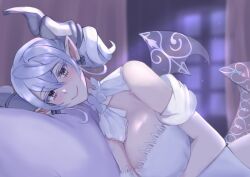 1girls bed blush breasts demon_girl demon_horns duel_monster female fullbore75 hi_res labrynth_of_the_silver_castle large_breasts looking_at_viewer lovely_labrynth_of_the_silver_castle older_female silver_hair smile solo twintails white_dress white_hair wings yu-gi-oh!