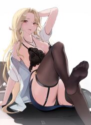 1girls black_bra black_panties blonde_hair blush bra earrings female female_only garter_belt garter_straps light-skinned_female light_skin lingerie looking_at_viewer luxeed necklaces panties sogogy solo tongue tongue_out virtual_youtuber vrecord yellow_eyes