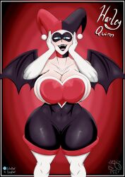 1girls batman:_the_animated_series batman_(series) big_breasts big_butt blush front_view full_body hands_on_head harley_quinn harley_quinn_(classic) latex lipstick looking_at_viewer rouge_the_bat_(cosplay) smile spicybeef thick_thighs tight_clothing