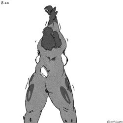 anthro armpit_hair ass back_boob body_hair breasts catjam_(artist) deer female fur fur_markings genitals hair mammal markings monochrome ponytail pussy raised_arms rear_view scut_tail short_tail solo steph_(catjam) stretching tail