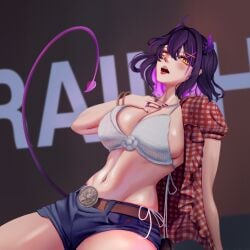 1girls akireimiki belt big_breasts black_hair bra breasts breasts cleavage demon_girl demon_horns demon_tail female female_only indie_virtual_youtuber large_breasts looking_at_viewer medium_hair open_clothes open_shirt orange_eyes posing purple_hair rainhoe sexy shorts thighs virtual_youtuber vtuber waterbomb