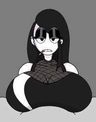 1girls beat_banger big_breasts black_hair bored bored_expression breasts clothed clothed_paizuri ear_piercing goth goth_girl huge_breasts large_breasts long_hair mrduckio net_clothes original paizuri paizuri_on_lap smoking smoking_cigarette straight veronica_(saltynoodles)