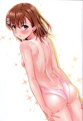 1girls 2020s 2021 absurd_res ass bare_arms bare_back bare_shoulders bare_thighs blush breasts brown_eyes brown_hair closed_mouth female flower from_behind hair_flower hair_ornament hi_res highleg highleg_swimsuit isshi_pyuma looking_at_viewer looking_back matching_hair/eyes misaka_mikoto scan shoulder_blades sideboob small_breasts solo standing swimsuit teenage_girl teenager thighs to_aru_kagaku_no_railgun to_aru_majutsu_no_index young