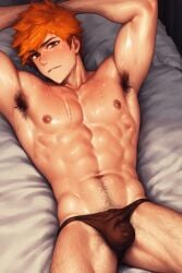 ai_generated armpit_hair armpits arms_up bara bleach brown_eyes bulge gay happy_trail ichigo_kurosaki ilovementits kurosaki_ichigo male male_only orange_hair sweat treasure_trail underwear_only yaoi