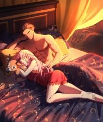 1boy 1boy1girl 1girls 2026 bare_arms bare_legs bare_shoulders bare_thighs barefoot bed bedroom brown_eyes claude_von_riegan couple female fire_emblem fire_emblem:_three_houses hair_grab hilda_valentine_goneril kariniarts lingerie lingerie_only long_hair muscles muscular muscular_male nipples pillow pink_hair plushie sheets shirtless shirtless_male short_hair sleeping