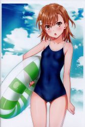 1girls 2020s 2022 absurd_res ass_visible_through_thighs bare_shoulders blue_sky blush breasts brown_eyes brown_hair cloud cloudy_sky collarbone competition_swimsuit covered_navel day female gekota gluteal_fold hair_ornament hi_res holding innertube isshi_pyuma looking_at_viewer matching_hair/eyes misaka_mikoto one-piece_swimsuit open_mouth outdoors scan short_hair sky small_breasts solo standing swim_ring swimsuit teenage_girl teenager thighs to_aru_kagaku_no_railgun to_aru_majutsu_no_index young