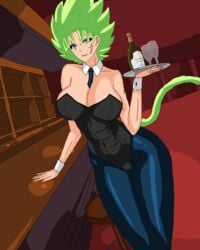 1girls bar big_ass big_breasts blue_eyes bunnysuit dragon_ball dragon_ball_xenoverse female female_saiyan green_hair legendary_super_saiyan muscular_female original_character pixel_art saiyan saiyan_tail scali skin_tight super_saiyan thick_thighs waitress