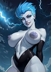 1girls 2023 2023s ai_generated areola areolae belly_button black_bodysuit blue_eyes blue_hair bodysuit bodysuit_open boob_window breasts clothed clothing dc dc_comics dcau deep_navel detailed_background eletricity exposed_breasts exposed_nipples female female_focus female_only grey_skin hands_behind_back livewire looking_at_viewer medium_breasts metahuman navel night nipples punk_hair purple_areola purple_areolae purple_nipples smile solo spiky_hair stable_diffusion superman:_the_animated_series superman_(series) supervillainess teeth thick_thighs wide_hips