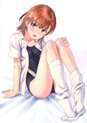 1girls 2020s absurd_res bare_legs bed_sheet blush breasts brown_eyes brown_hair collarbone competition_school_swimsuit competition_swimsuit female flower hair_flower hair_ornament hi_res kneehighs knees_to_chest knees_up looking_at_viewer loose_socks matching_hair/eyes misaka_mikoto one-piece_swimsuit open_mouth raika9 school_swimsuit shirt short_hair sitting small_breasts socks solo swimsuit swimsuit_under_clothes teenage_girl teenager to_aru_kagaku_no_railgun to_aru_majutsu_no_index tokiwadai_school_swimsuit white_background white_shirt white_socks young