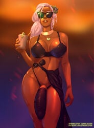 1futa big_breasts big_penis bikini black_bikini breasts casual casual_exposure casual_nudity cleavage dark-skinned_futanari dark_skin dickgirl drink_in_hand drinking eyewear flower_in_hair futa_only futanari heart_necklace human intersex jewelry large_breasts penis sock_on_penis solo solo_futa sprinklepoo sunglasses tan_body tan_skin white_hair