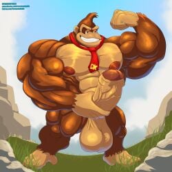 absurd_res anthro ape balls bara barazoku big_pecs big_penis brown_body donkey_kong donkey_kong_(series) erection flexing foreskin genitals gorilla grass haplorhine hi_res humanoid_genitalia male male_only mammal muscular muscular_anthro muscular_male necktie nintendo nipples paramountgallu pecs penis plant primate smile solo standing vein veiny_penis