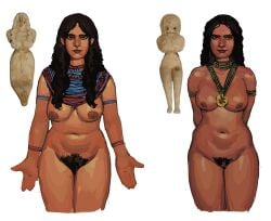 2girls ancient_history areolae black_hair breasts dark-skinned_female dark_skin female female_only female_pubic_hair fertility_goddess fertility_idol history humanized indus_valley_civilisation jewelry necklace necklace_between_breasts necklace_only nipples nude nude_female pubic_hair pussy sculpture statuette white_background zanzalur