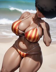 1girls afro afro_hair ai_generated big_breasts catalonia_bikini catalonia_flag catalonia_flag_bikini dark-skinned_female dark_skin flag_bikini foreigner hair_over_eyes huge_breasts mole tetillas tetillas_(artist)