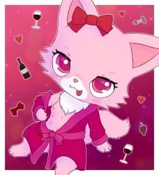 :3 accessory blush breasts chibi clothed clothing container cup digital_media_(artwork) domestic_cat felid feline felis female feral fluffy fur garnet_(jewelpet) heart_symbol hi_res jewelpet jewelpet_(species) looking_at_viewer mammal nude persian_cat pink_body pink_eyes pink_fur presenting pyritie ribbons sanrio sega sega_toys semi-anthro simple_background sitting smile solo tail teeth tongue tongue_out