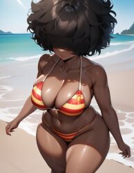 1girls afro afro_hair ai_generated beach big_breasts catalonia_bikini catalonia_flag catalonia_flag_bikini dark-skinned_female dark_skin flag_bikini foreigner hair_over_eyes huge_breasts mole sand seaside tetillas tetillas_(artist)