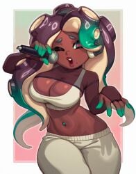 1girls 2024 alternate_costume asymmetrical_hair breasts cleavage dark-skinned_female dark_skin female female_focus female_only high_resolution hips huge_breasts long_hair marina_(splatoon) marina_(springfest) microphone midriff mole mole_on_breast mole_under_mouth naughty_face nintendo octoling official_alternate_costume rizdraws simple_background splatfest splatoon splatoon_2 sports_bra springfest_outfit tentacle_hair thick_thighs thighs wide_hips